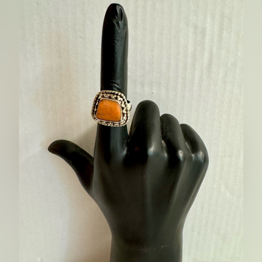 Vtg Navajo Hand Crafted Orange coral and sterling silver bezel set ring.Size 6.